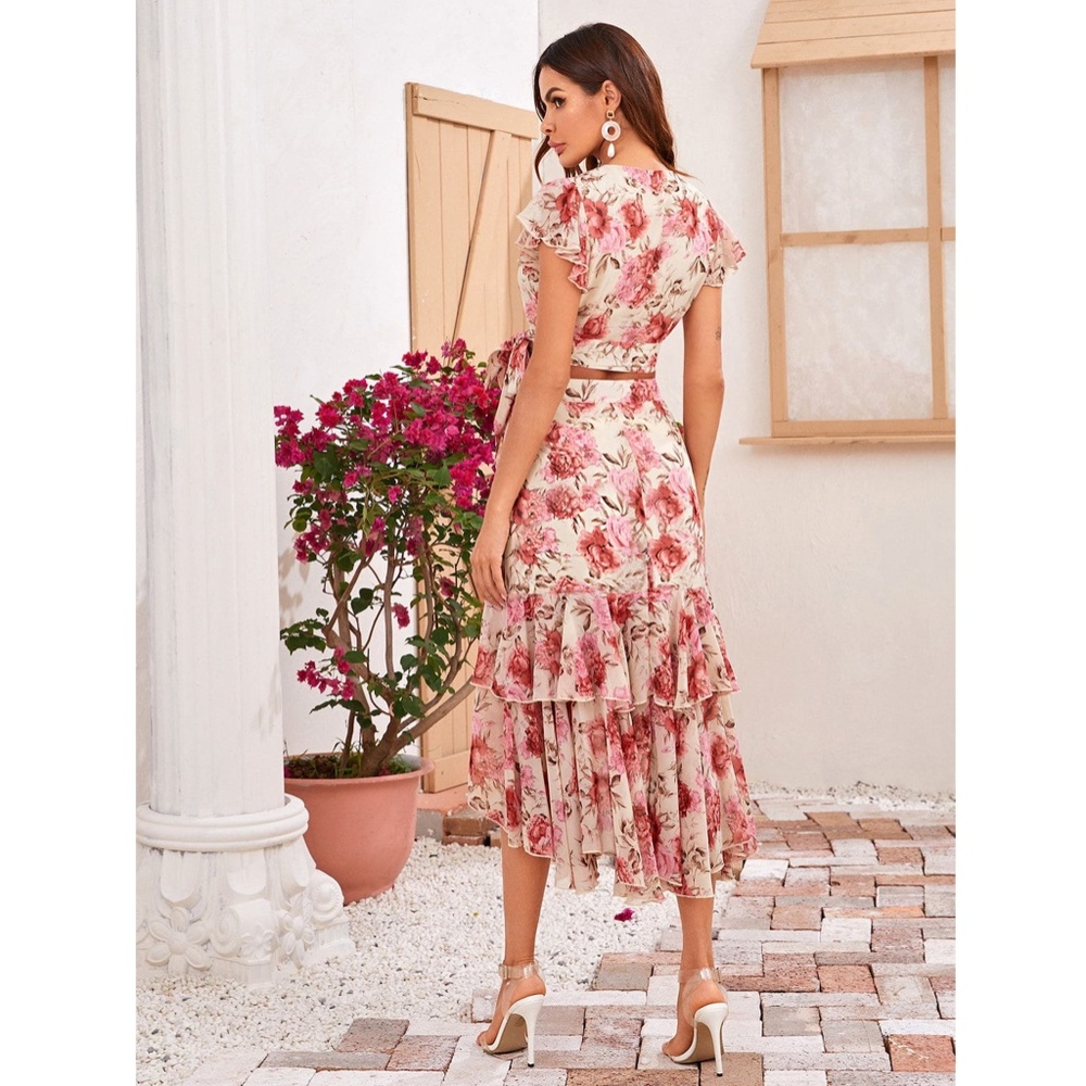 Floral Print 2 Piece Set: Crop Top + Midi Skirt - Picture 3 of 7